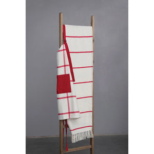 Cotton Flannel Table Runner with Stripes and Fringe, Cream and Red
