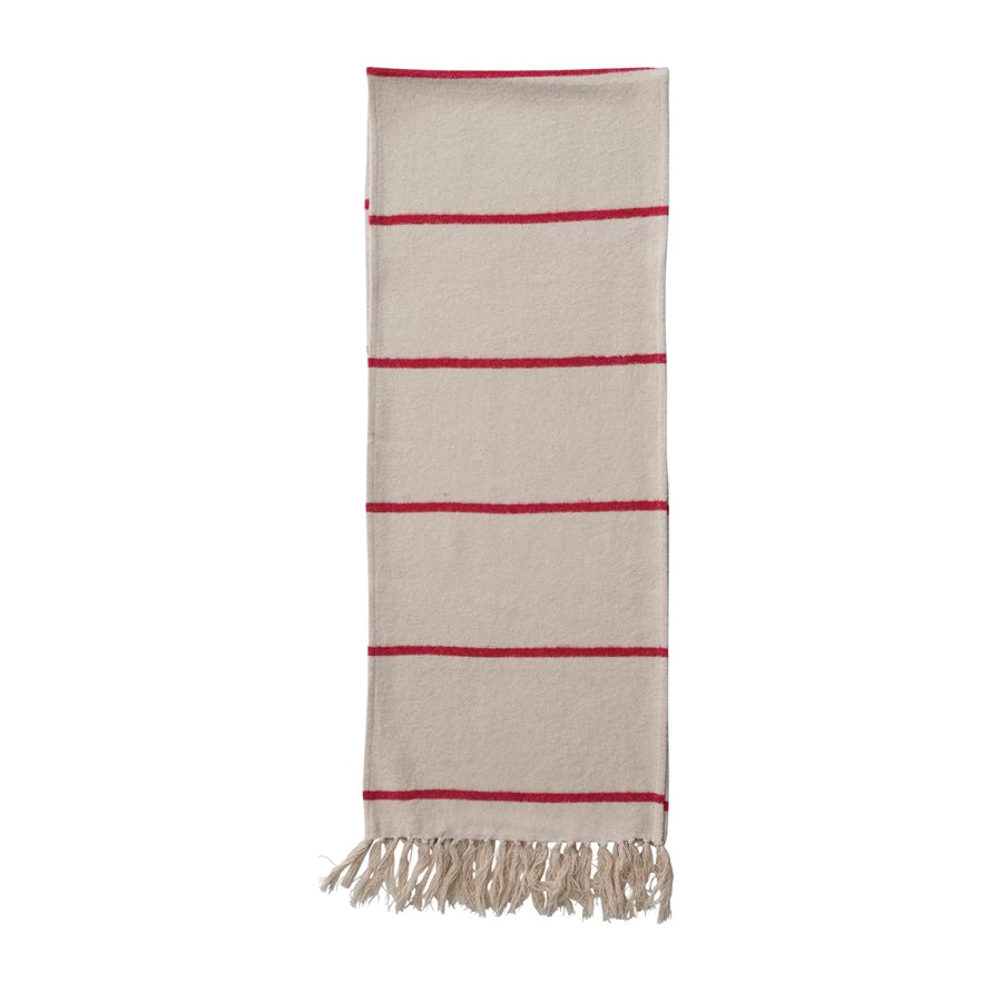 Cotton Flannel Table Runner with Stripes and Fringe, Cream and Red